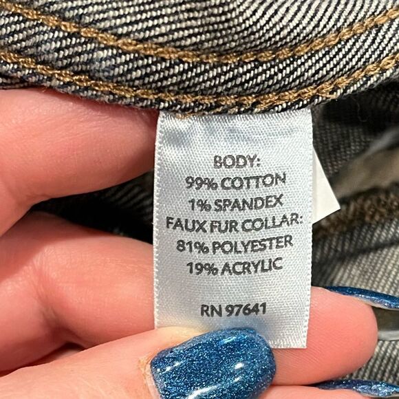 J.Jill Denim Jacket Button Down Stretch Fleece Faux Fur Collar Blue Size Medium - Picture 3 of 4